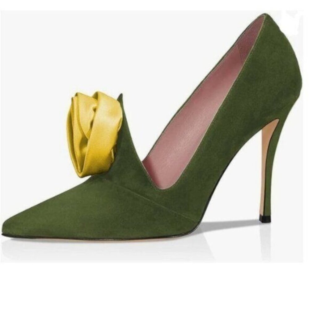 XYD Green Elegant Dress Pumps Suede Pointed Toe High Heels Rose Flower Shoes